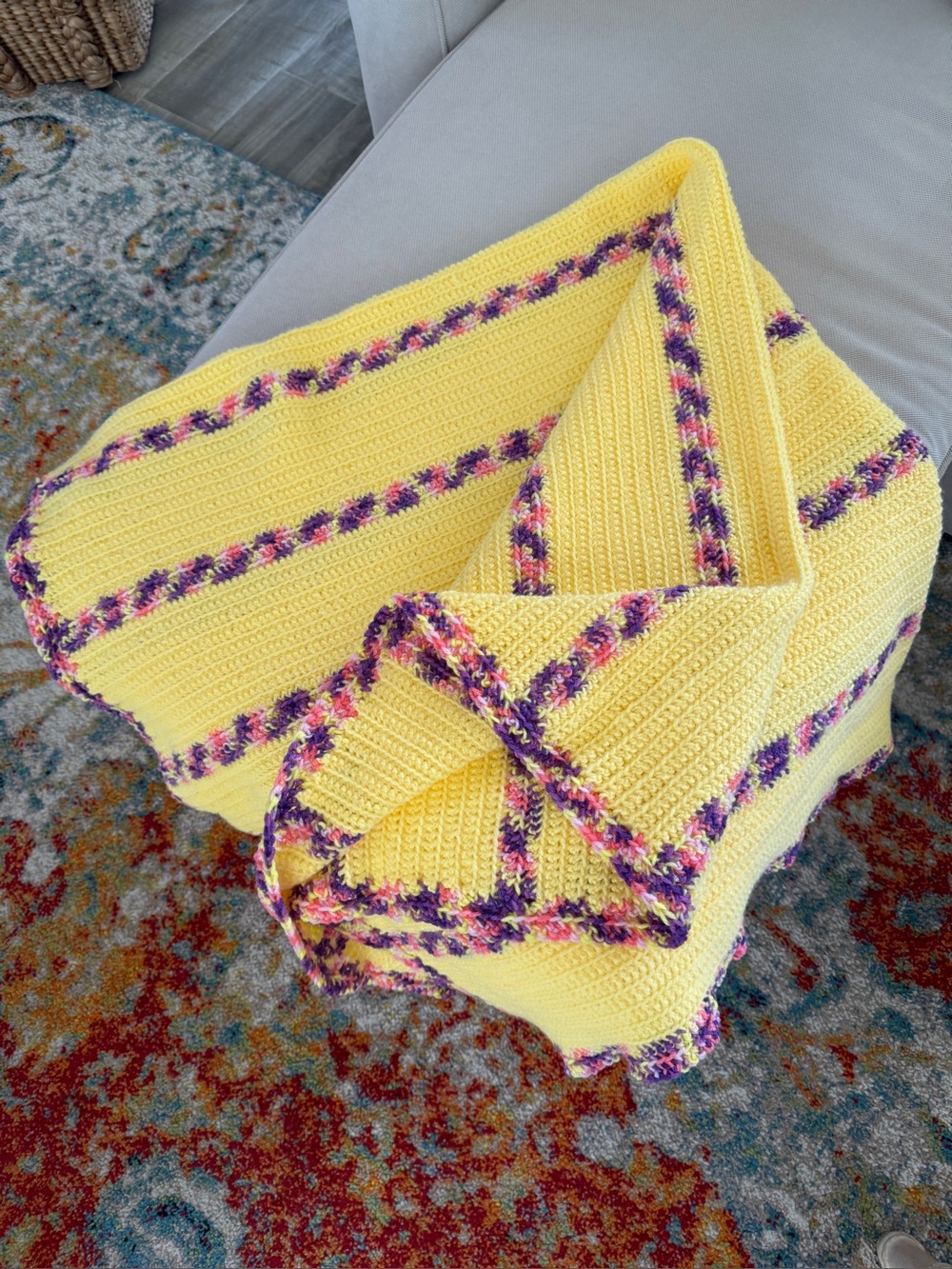 Handmade Afghan 55x52 Yellow Crochet Throw Blanket Multicolor Trim